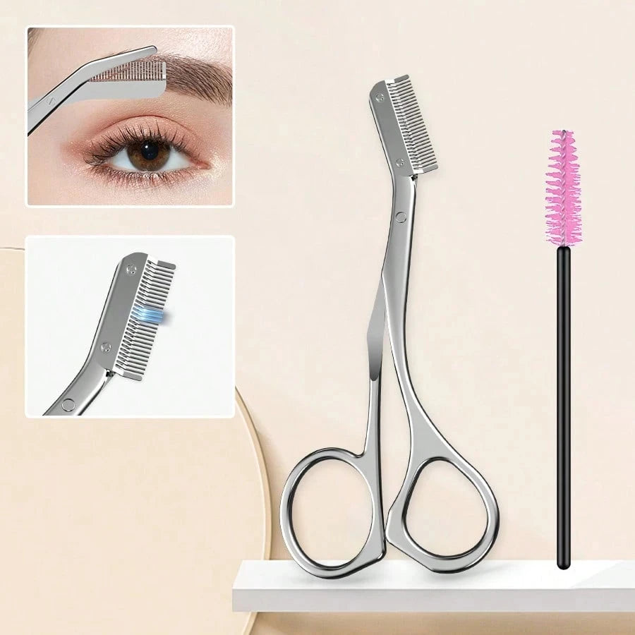 2-Piece Stainless Steel Eyebrow Trimming Tool Set with Comb & Scissors
